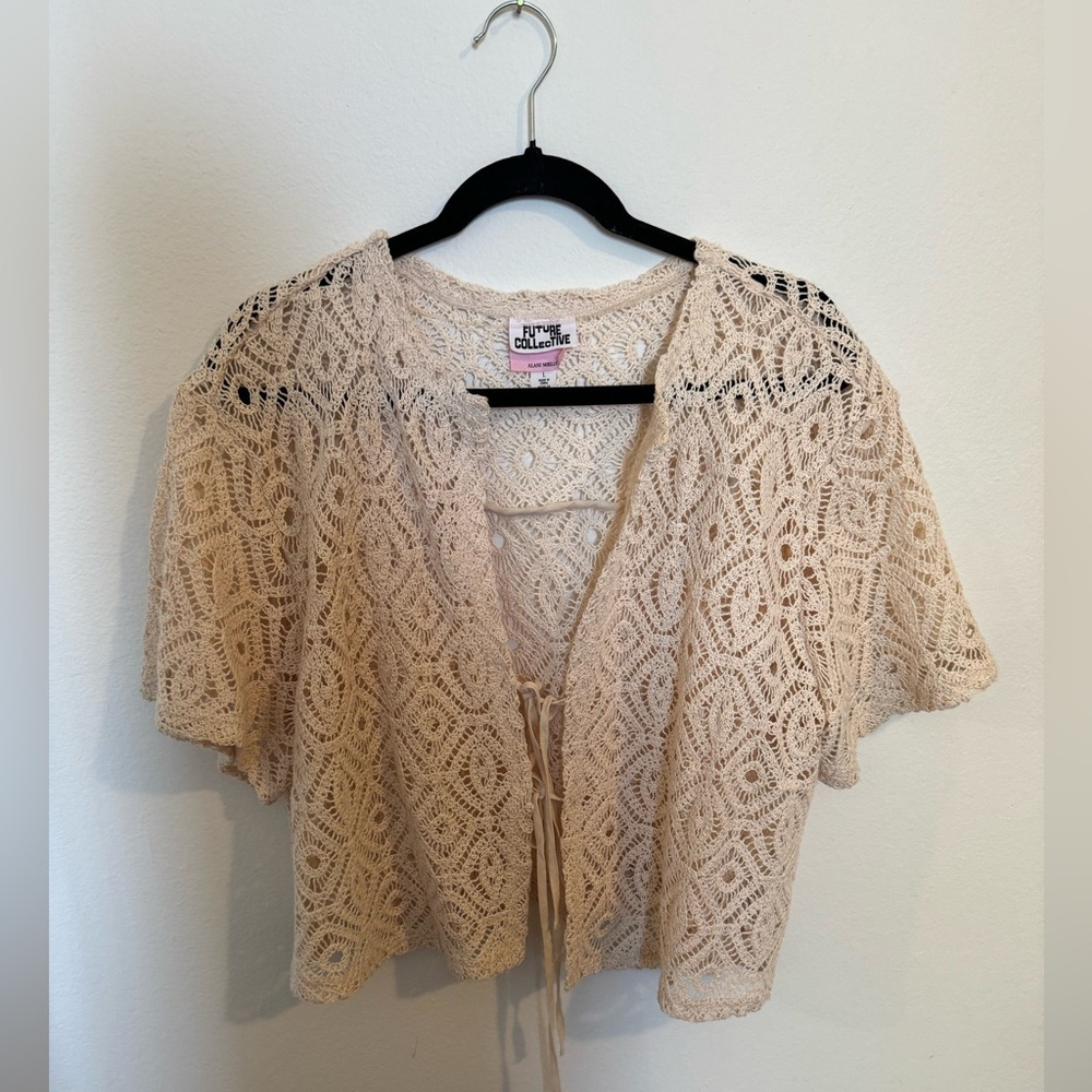 Target Beige Crochet Tie-Front Short Sleeve Top
